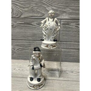 Vintage Ceramic Clown Figurines Set of 2 White & Black Midcentury Taiwan 5.5”